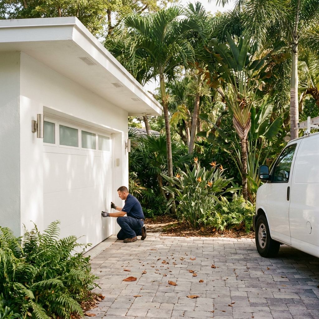 Technician checking the track of a new white garage door at a Miami home
