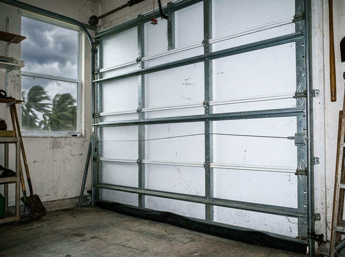 Inside view of a reinforced steel garage door with horizontal struts