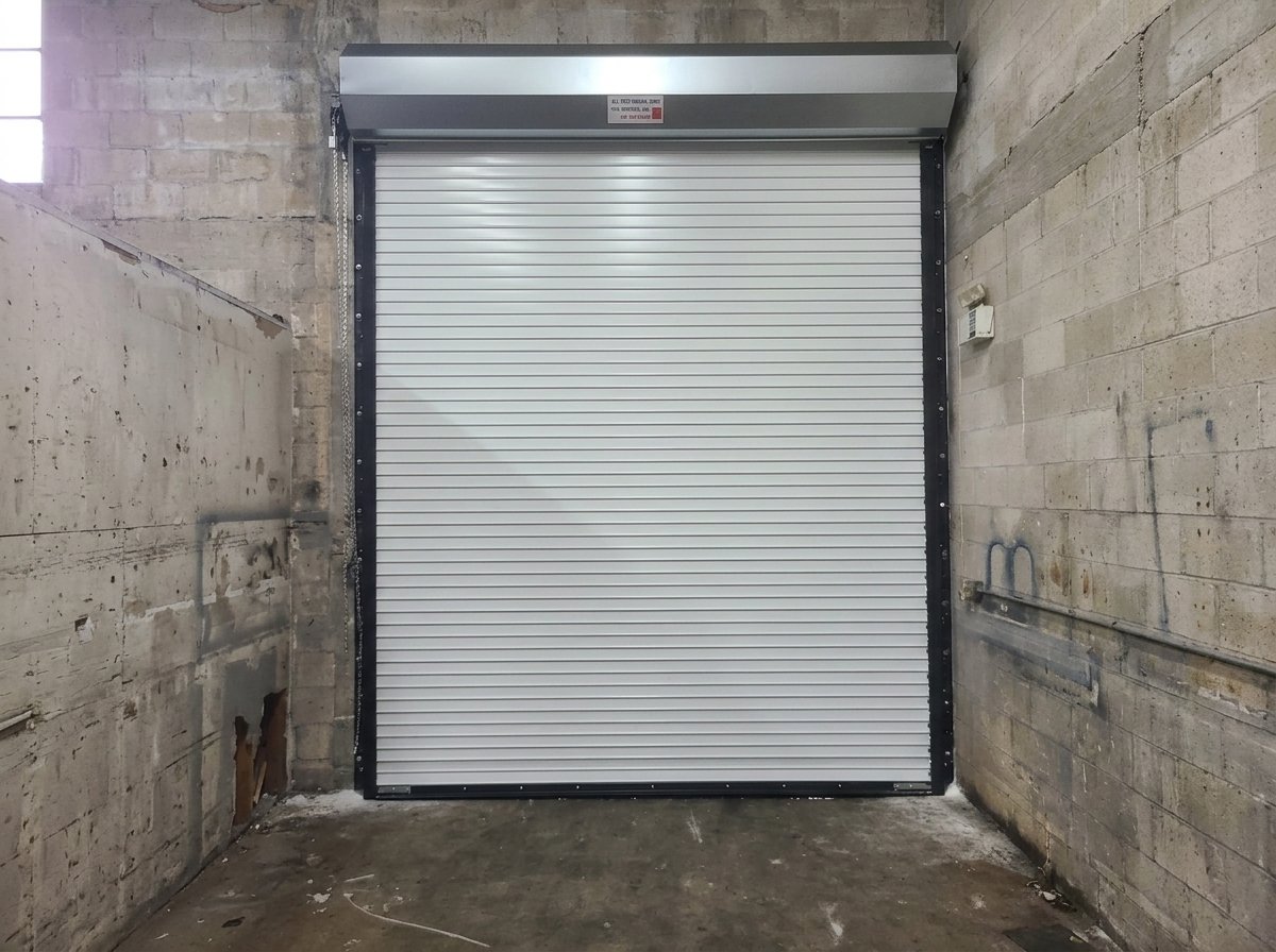 White rolling steel door installed inside a warehouse