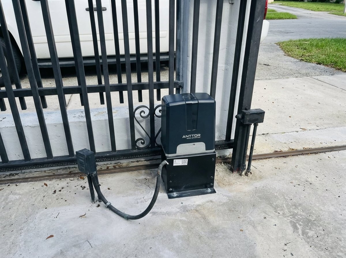 Sliding gate motor installed on a concrete pad next to a black metal gate