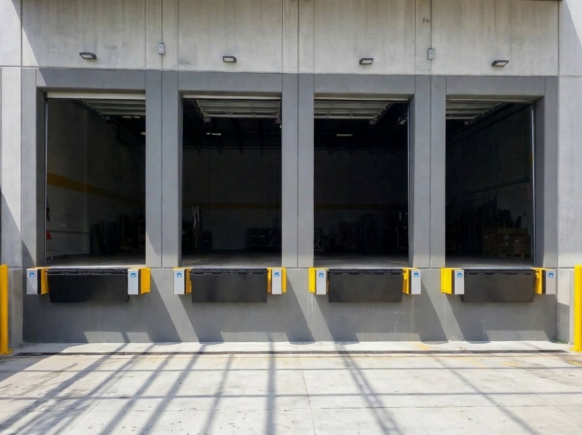 Four loading dock bays with edge-of-dock levelers and yellow bollards